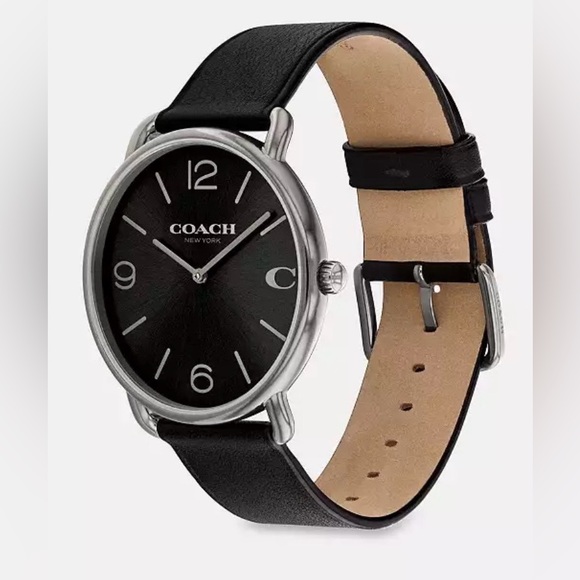 Coach Men's Black Dial Silver-Tone Round Watch with Black Leather Strap